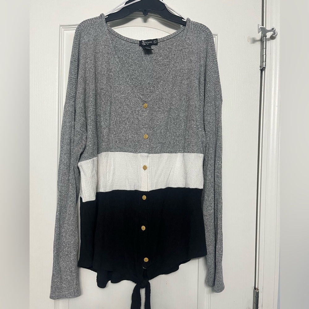 Miss Chievous Black/Gray and White Knit Button Down Sweater with tie front.